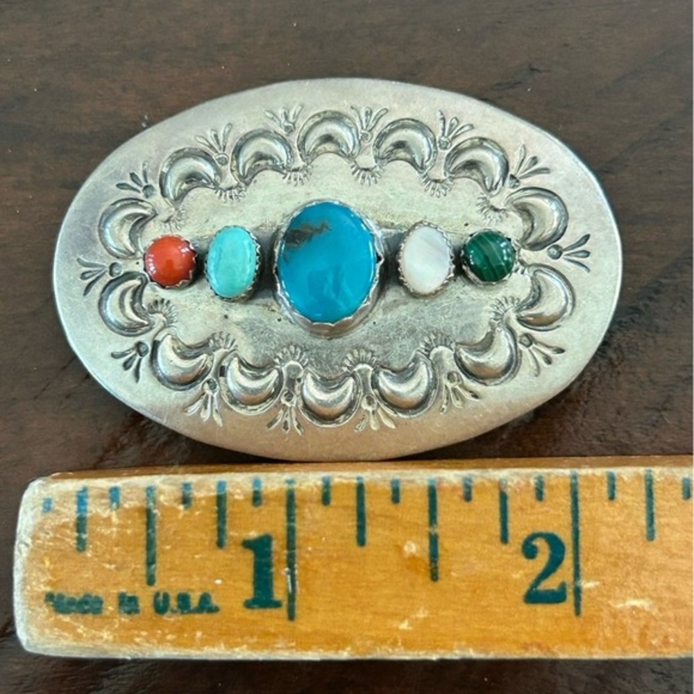Vintage Navajo Sterling‎ Turquoise Coral Rose Quartz Malachite Brooch - Picture 3 of 5